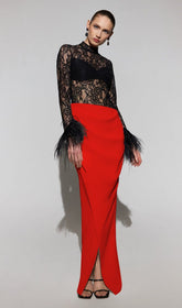 SPLICED LACE FEATHER SLIT DRESS IN BLACK AND RED
